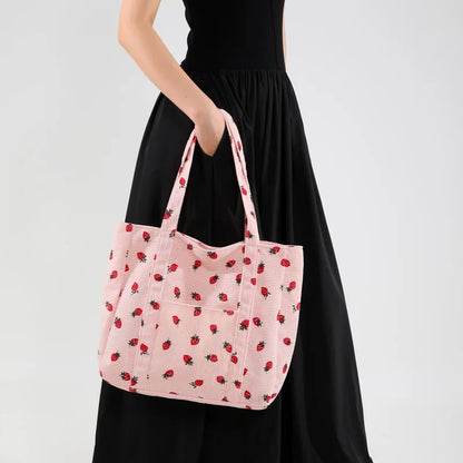 Strawberry Corduroy Tote Bag – Large Shoulder Bag for Women