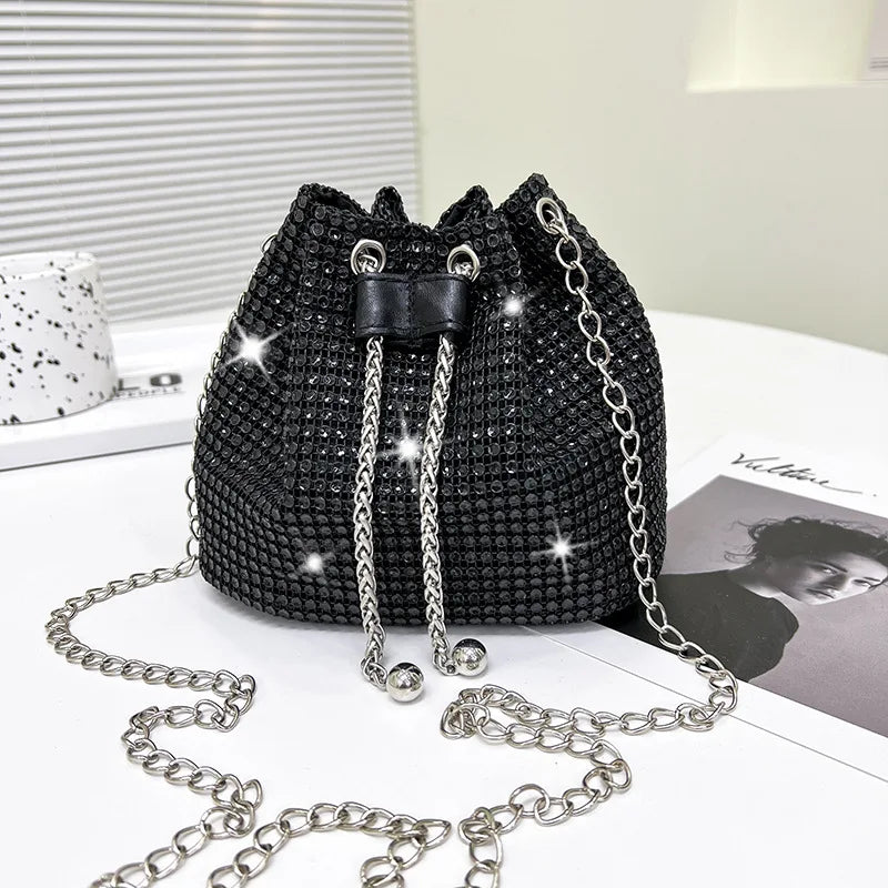 Rhinestone Drawstring Bucket Bag with Chain Strap