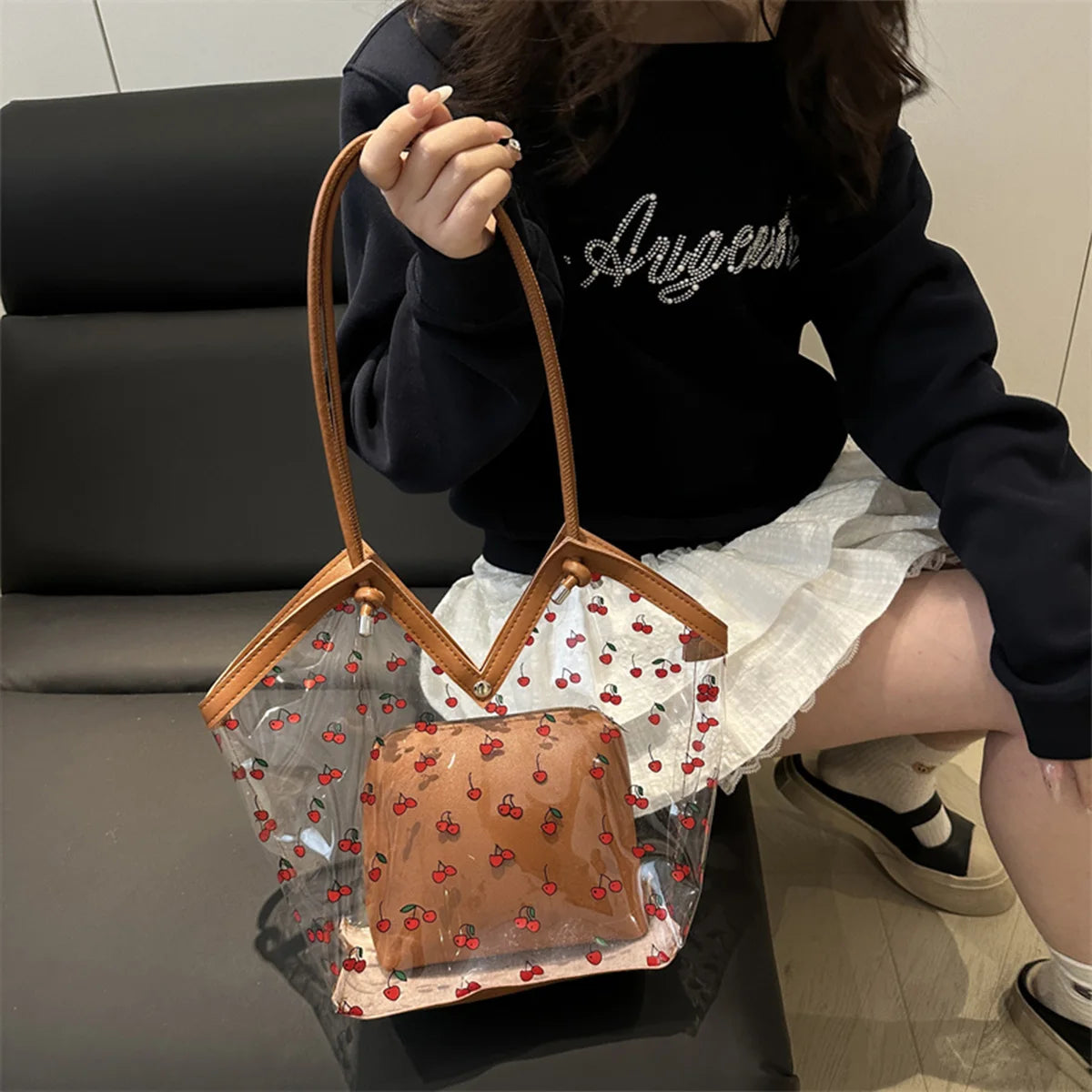 Women Tote Bag Transparent Pvc Cherry Pattern Shoulder Small Commute Shopping