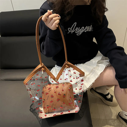 Women Tote Bag Transparent Pvc Cherry Pattern Shoulder Small Commute Shopping