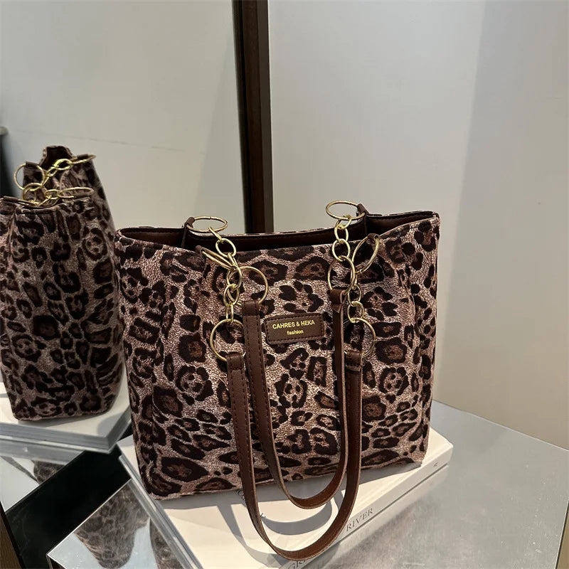 Leopard Print Shoulder Bag – Metal Chain Faux Leather Tote