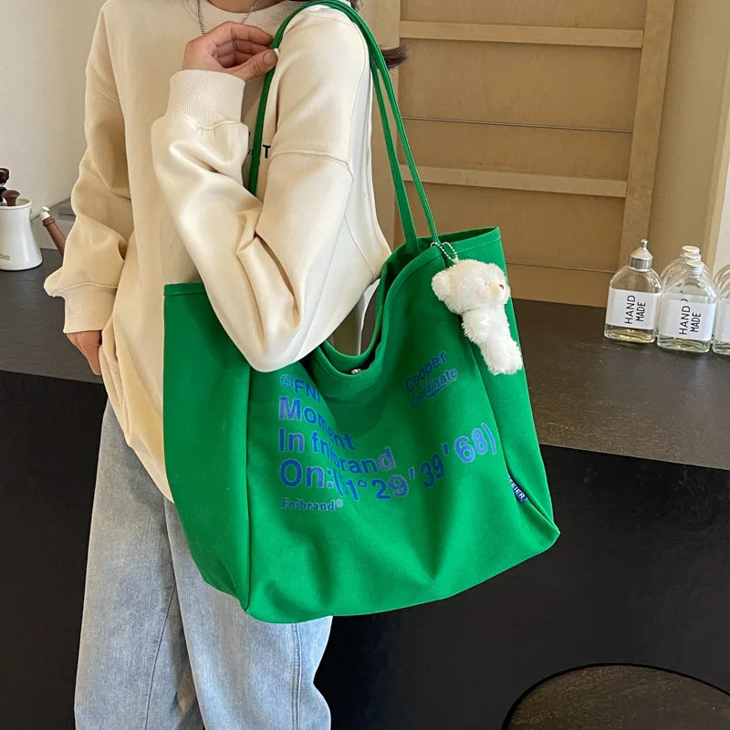 Letter Printed Canvas Shoulder Bag Women S Large Capacity Tote Bag Lazy Style Travel Bag