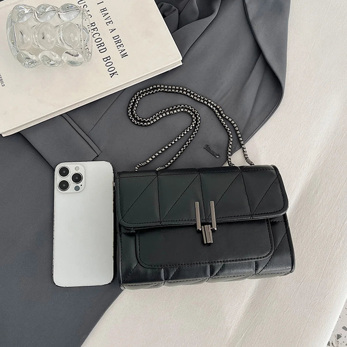 Luxury Fashionable Chain Bag Solid Color Pu Leather Women Crossbody Quilted Shoulder Daily Use