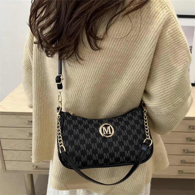 Crossbody Shoulder Bag with Gold M Logo & Chain Strap