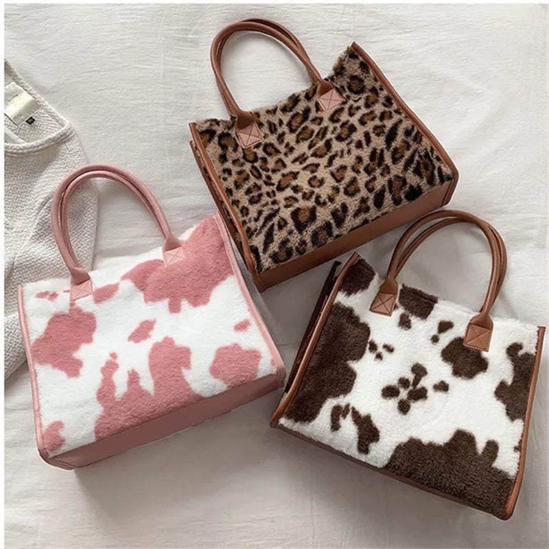 Plush Tote Bag Women's Fuzzy Handbag with Leather Trim