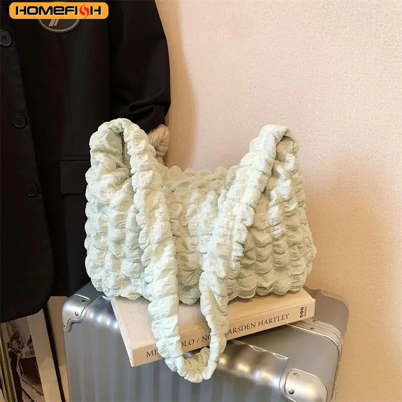 Homefish Crossbody Bag Pleated Design Embroidered Plaid Shoulder Underarm Bags Simple Large Capacity