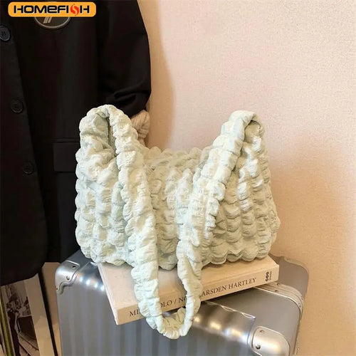 Homefish Crossbody Bag Pleated Design Embroidered Plaid Shoulder Underarm Bags Simple Large Capacity