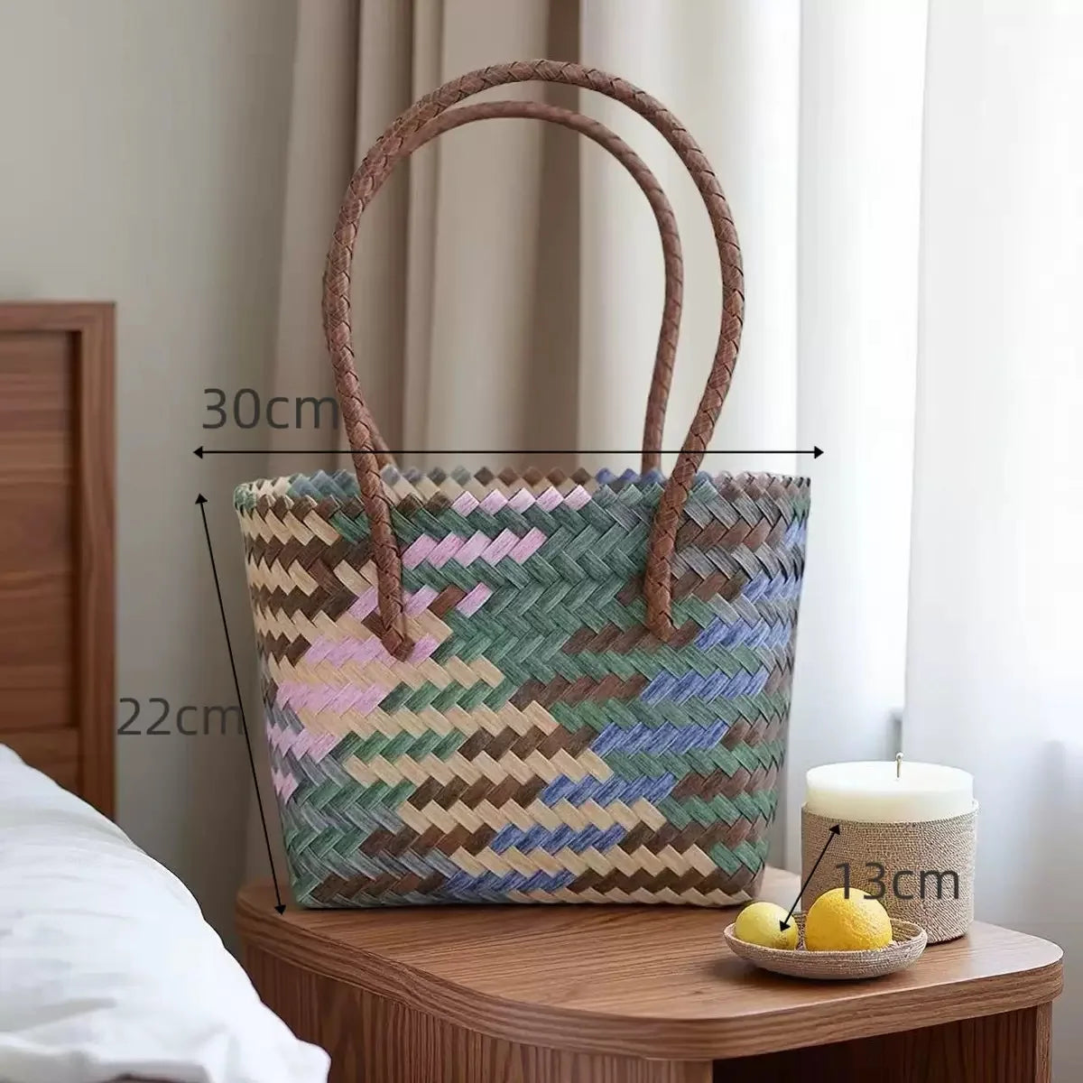 Handwoven Straw Tote Bags Multi Size Natural Woven Basket Bag Handbag Bamboo Handles Women Bohemian