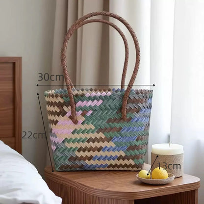 Handwoven Straw Tote Bags Multi Size Natural Woven Basket Bag Handbag Bamboo Handles Women Bohemian