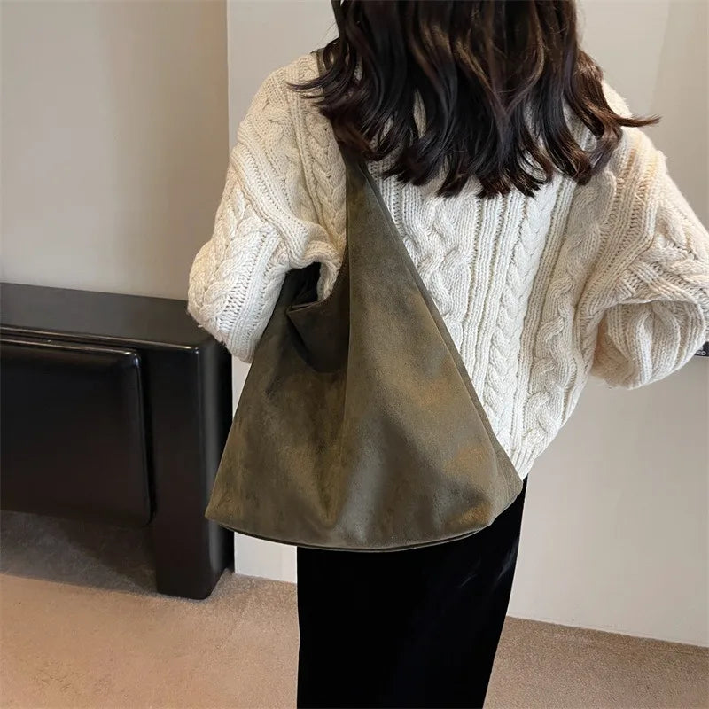 Suede Texture Large Tote Bag – Women's Minimalist Shoulder Handbag