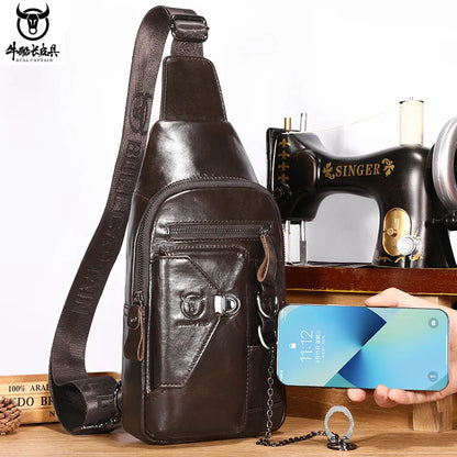 Men S Genuine Leather Chest Bag Soft Top Layer Cowhide Lock Mobile Phone Storage Chain