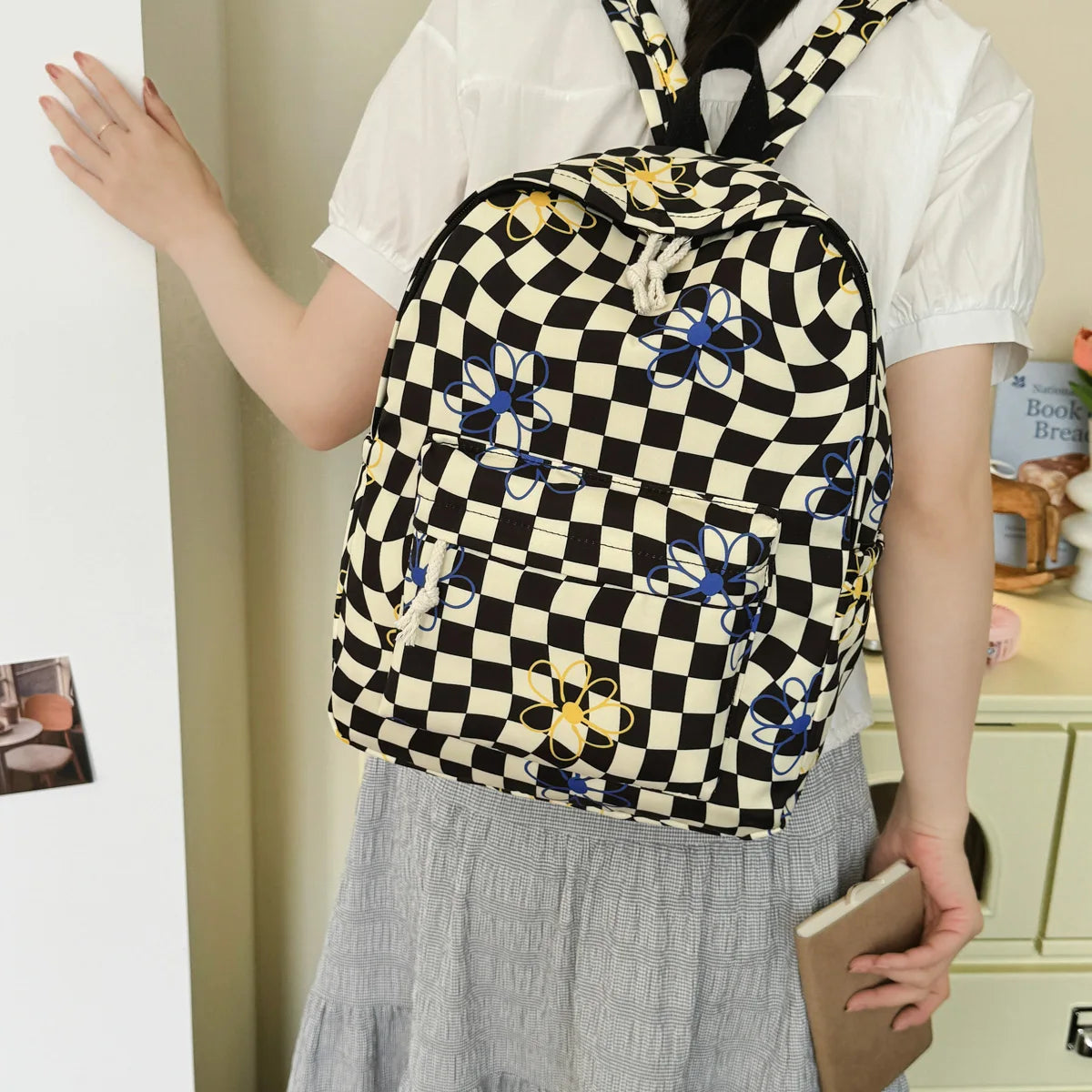 Dopamine Checkerboard Floral Print Three Piece Backpack Set Lightweight