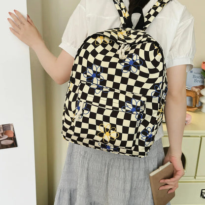 Dopamine Checkerboard Floral Print Three Piece Backpack Set Lightweight