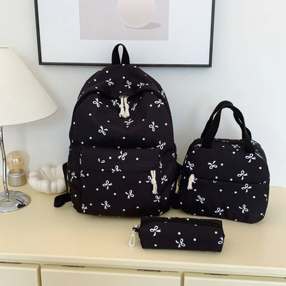 Campus Romance Trio Bow Pattern Backpack Handbag Quilted Multi-Pocket Large Capcity University Daily