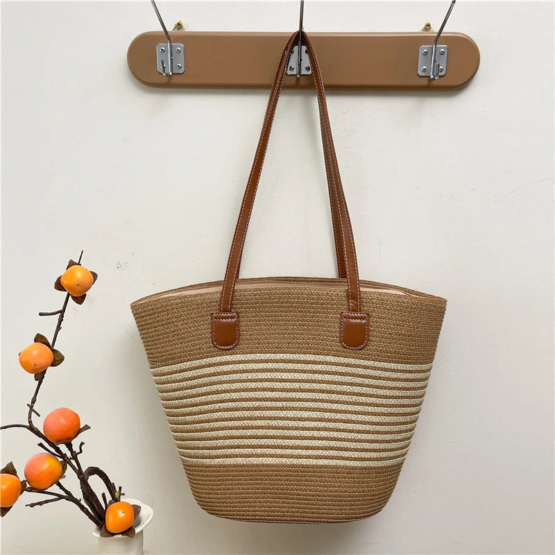 Spring Summer Casual Shoulder Bag Beach Vacation Tote Straw Woven Large Capacity Handbag Play Travel