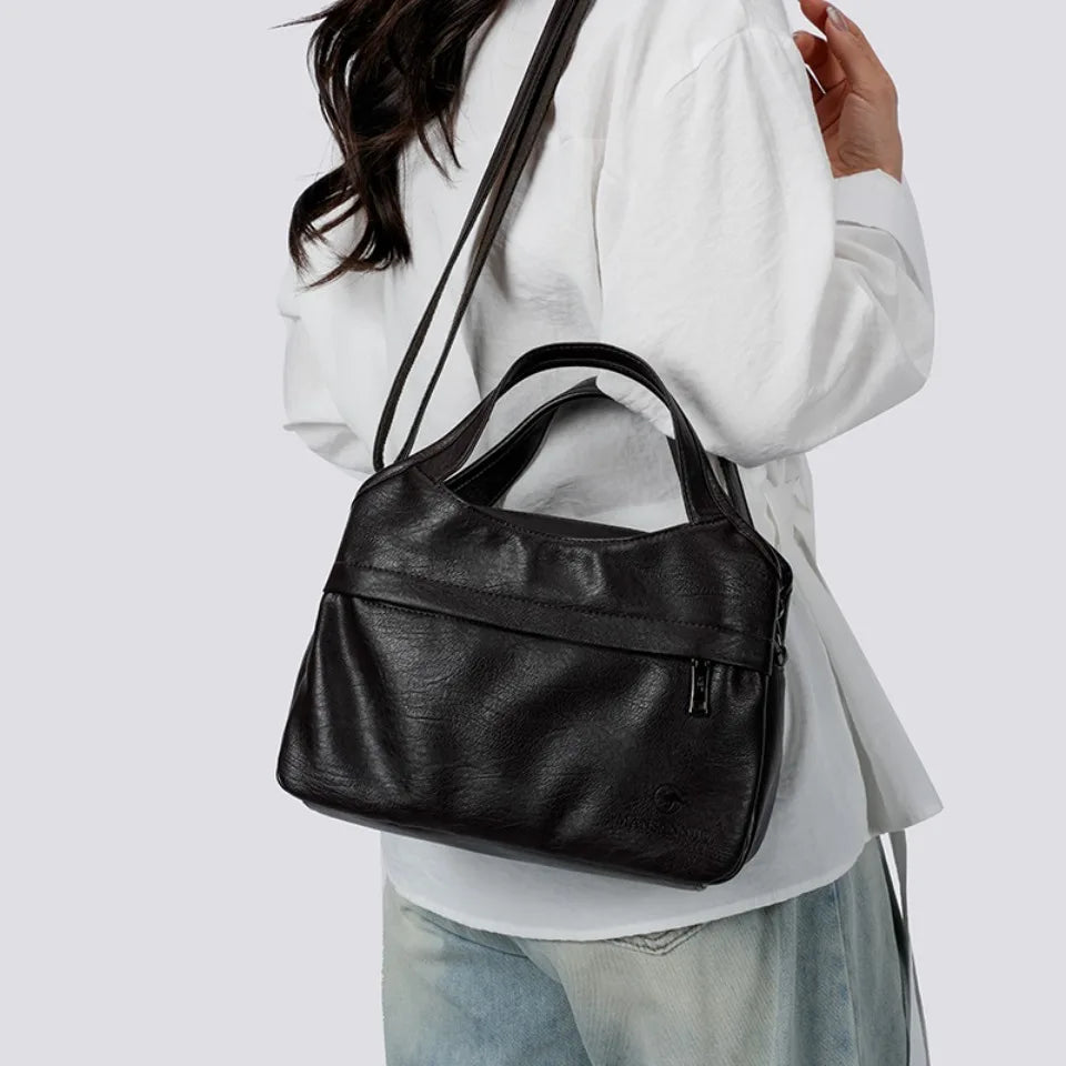 Washed Leather Crossbody Bag for Women – Multi-Pocket Shoulder Handbag