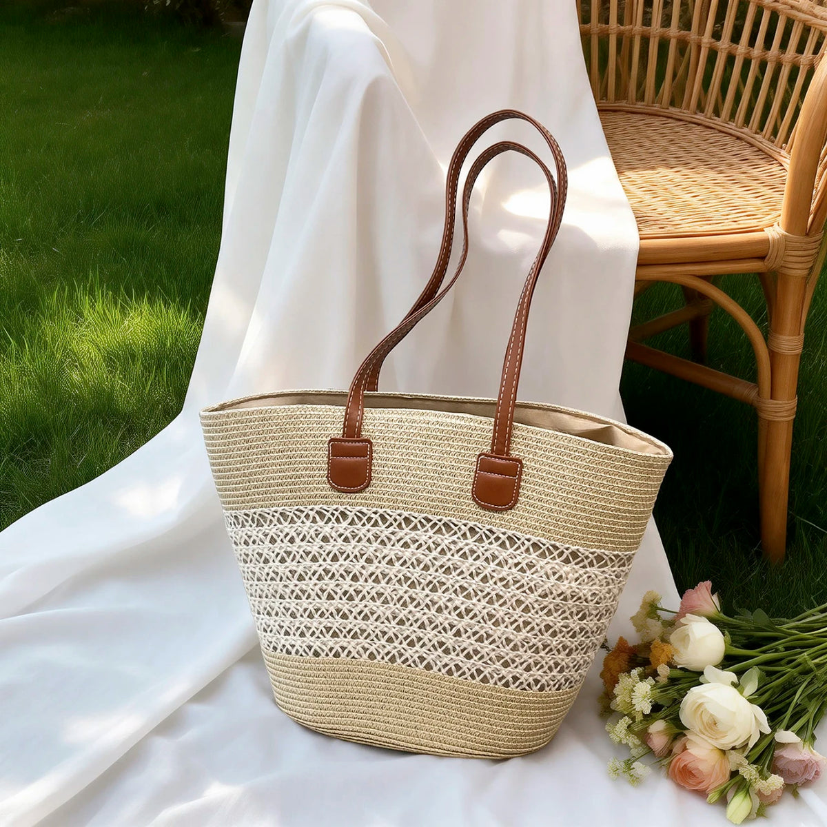 Vacation Fresh Women Shoulder Bag Stripe Woven Open Weave Tote Large Capacity Breathable Straw