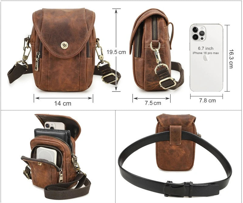 Retro Crazy Horse Leather Men S 7-Inch Mobile Phone Waist Bag Belt Multi-Functional Genuine Leather