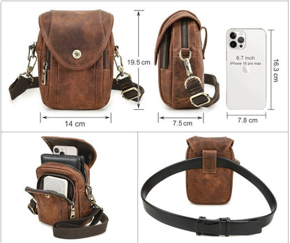 Retro Crazy Horse Leather Men S 7-Inch Mobile Phone Waist Bag Belt Multi-Functional Genuine Leather