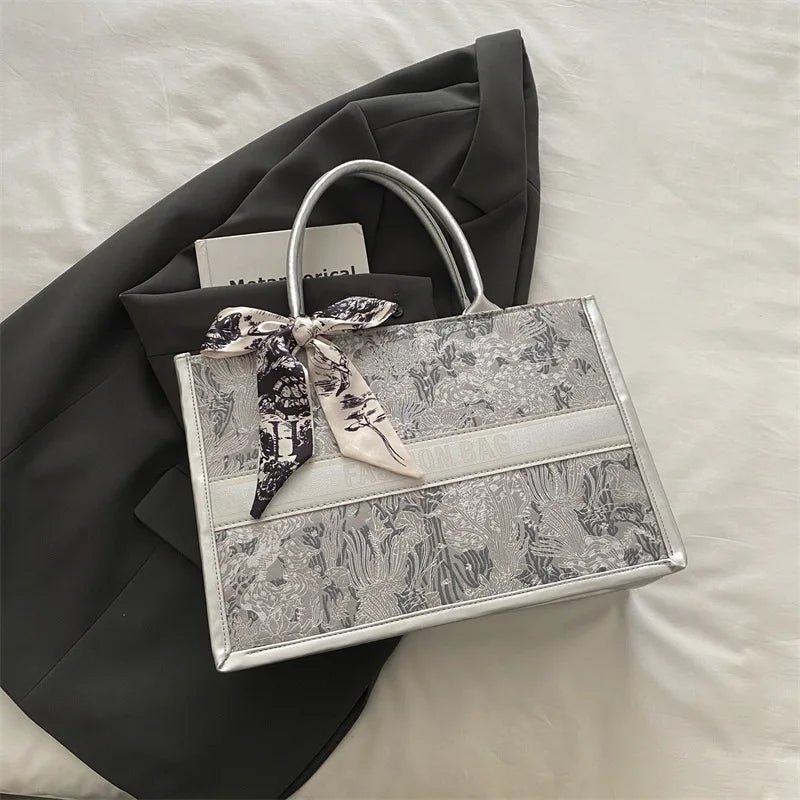 Stylish Jacquard Tote Bag Large Capacity Top Handle Bags Purse Silk Scarf Accent Women S Everyday