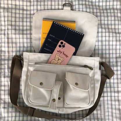 Canvas Crossbody Messenger Bag with Cute Bear Charm for Women