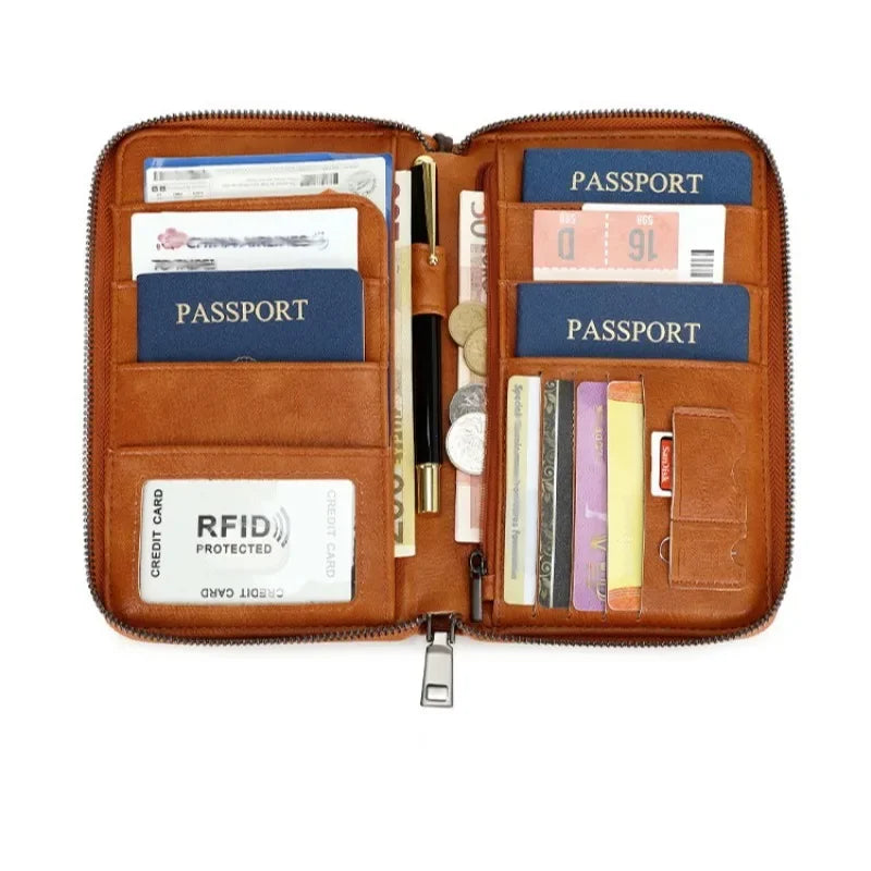 Multi-Function Rfid Blocking Passport Wallet Zip-Up Protective Case Travel Documents Finances
