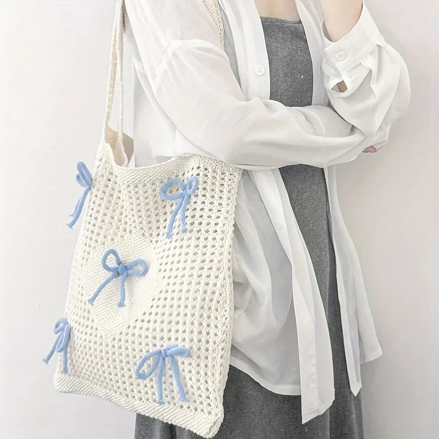 Crochet Tote Bag with Bow Accents – Preppy Knit Shoulder Bag