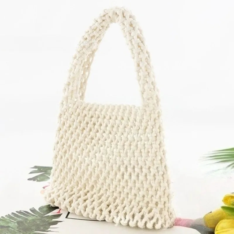 Summer Hollow Woven Cotton Rope Tote Bag Women Handmade Mesh Beach Casual Handbag Shoulder Vacation
