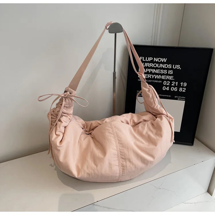 Nylon Crossbody Bag – Soft Drawstring Crescent Shoulder Bag for Women