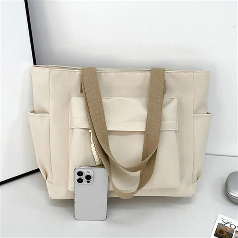 Nylon Tote Bag Multiple Pocket Lightweight Foldable Design Office Commute Shopping Fitness Storage