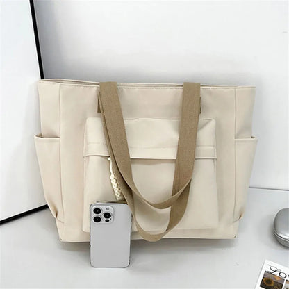 Nylon Tote Bag Multiple Pocket Lightweight Foldable Design Office Commute Shopping Fitness Storage