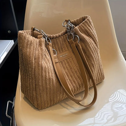Corduroy Shoulder Tote Bag with Chain Accent