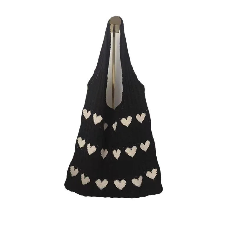 Knitted Love Pattern Tote Bag Stylish Woven Handbag Shoulder Bag Women Party Work