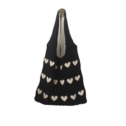 Knitted Love Pattern Tote Bag Stylish Woven Handbag Shoulder Bag Women Party Work