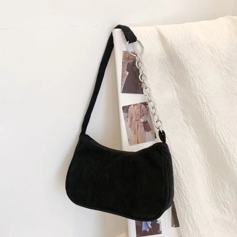Minimalist Corduroy Versatile Bag Chain Accent Underarm Bag Zipper Closure Casual Shoulder Purse