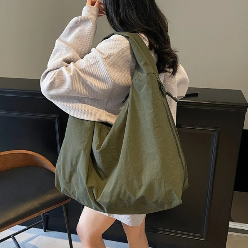 Chic Solid Color Nylon Tote Bag Multiple Zipper Pockets Large Capacity Casual Shoulder Bag College