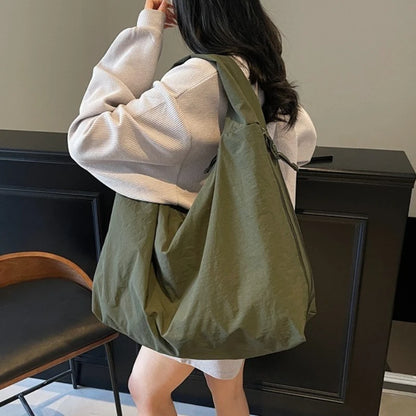 Chic Solid Color Nylon Tote Bag Multiple Zipper Pockets Large Capacity Casual Shoulder Bag College