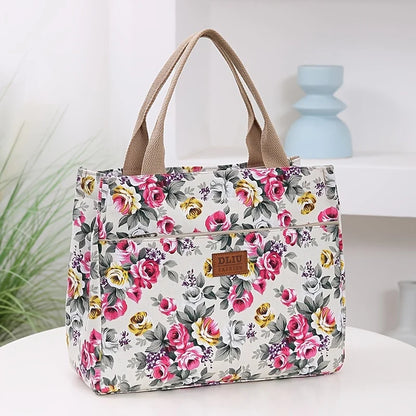 Floral Print Tote Bag Portable Canvas Lunch Bag Women S Casual Handbag Picnic Travel Designer Bags