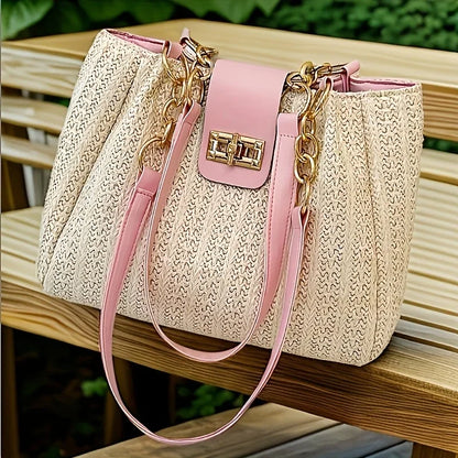 Straw Woven Tote Bag with Chain Leather Strap for Women
