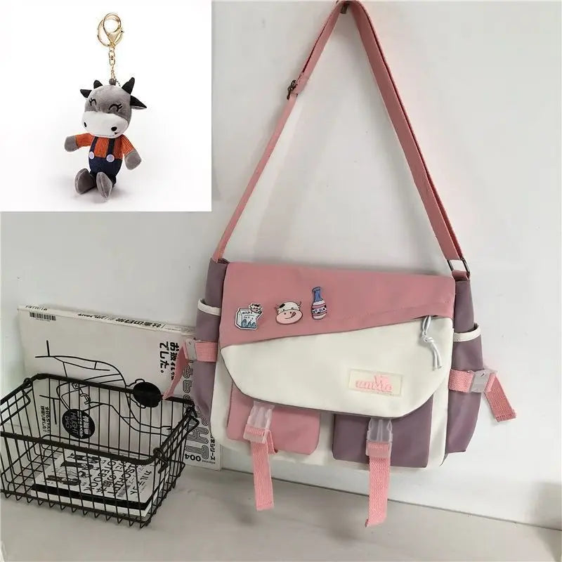 Harajuku Nylon Messenger Bag with Cute Badge Pins – Large Capacity