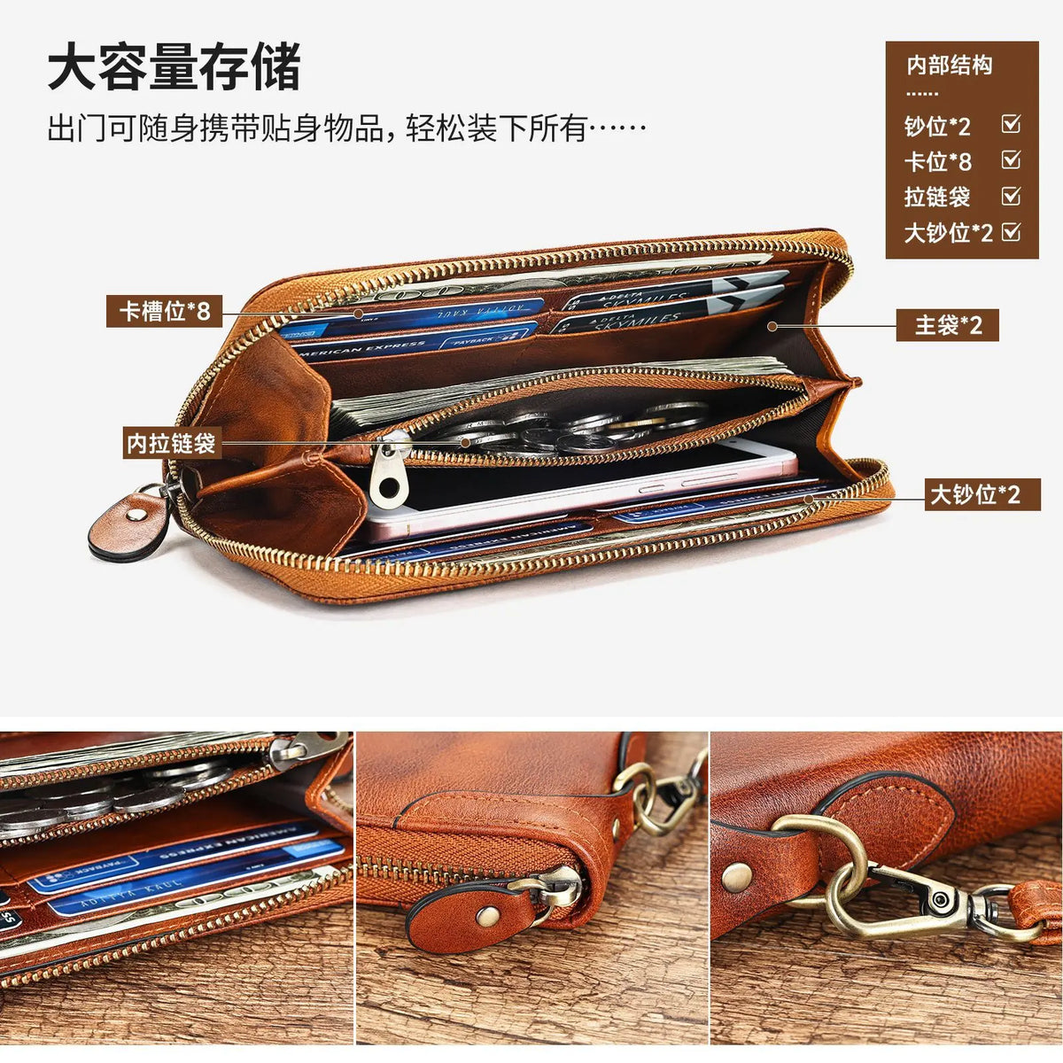 Genuine Leather Long Vintage Handcrafted Wallet Cowhide Zipper