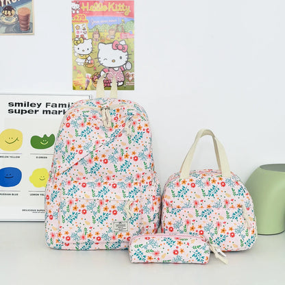 Fresh Lovely Floral Teen Backpack Set Multi-Purpose Large Storage Diagonal Zipper 3-Piece Backpack