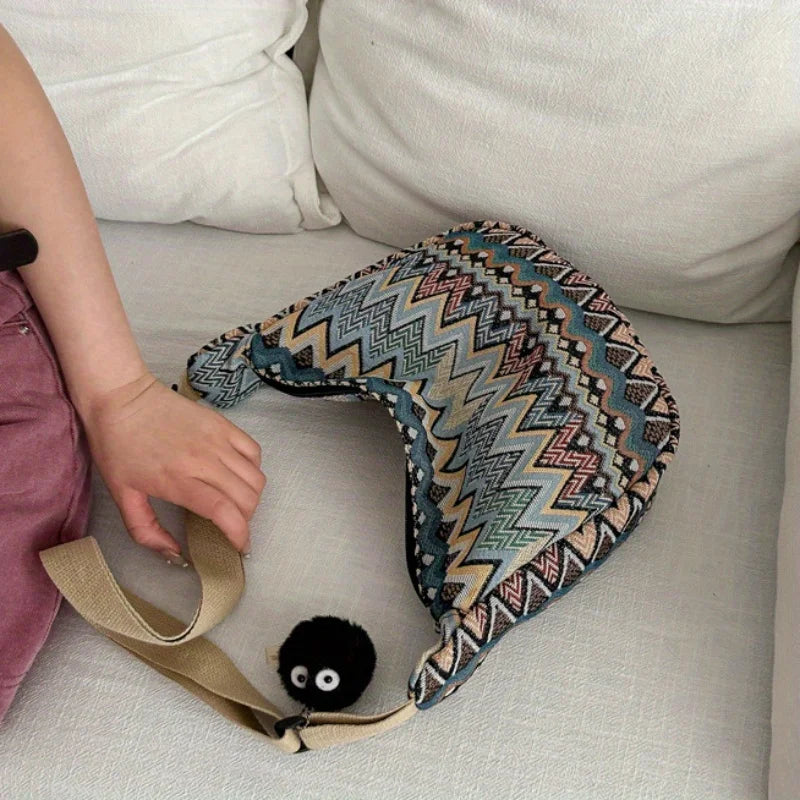 Wave Pattern Canvas Crossbody Bag – Large Shoulder Bag for Women