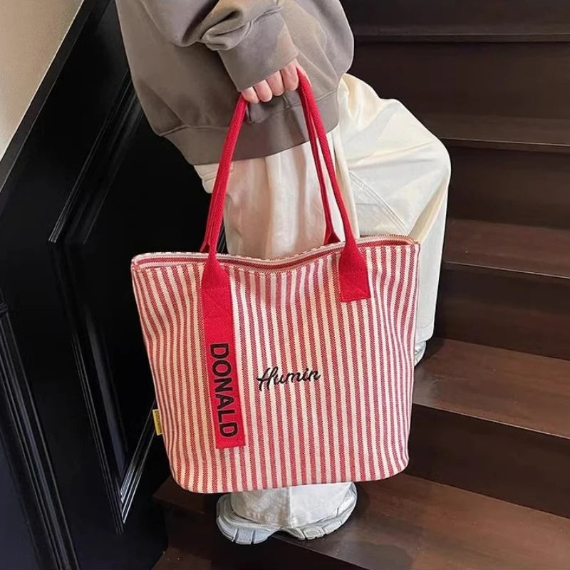 Striped Canvas Tote Bag – Large Capacity Women's Shoulder Shopper