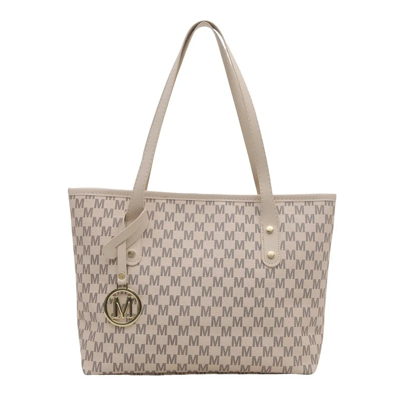 Chic Monogram Pu Tote Bag Gold M Pendant Spacious Stylish Handbag Shoulder Bags Women Everyday Use