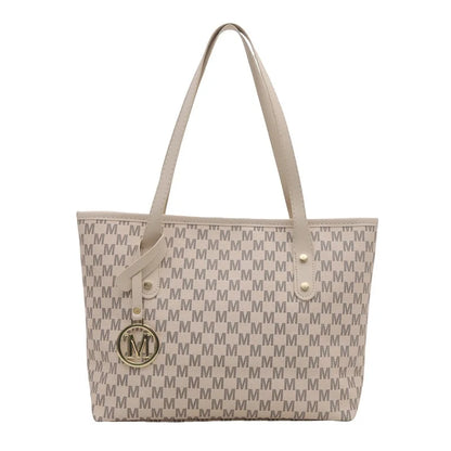 Chic Monogram Pu Tote Bag Gold M Pendant Spacious Stylish Handbag Shoulder Bags Women Everyday Use