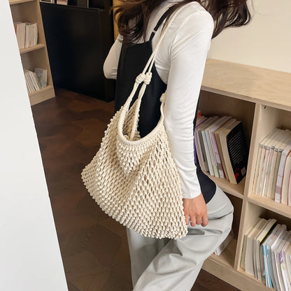 Handmade Cotton Mesh Tote Bag Large Capacity Hollow Woven Shoulder Summer Beach Vacation Shopping