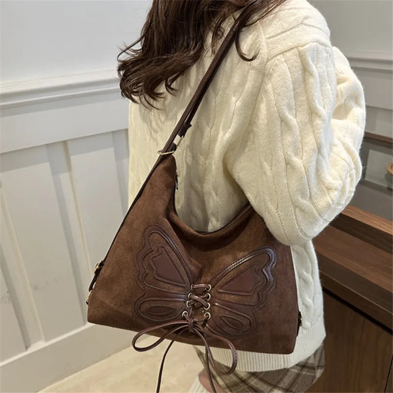 Faux Suede Tote Bag Bow Tie Backpack Chic Retro Single Handbag Women Shoulder Messenger Bag