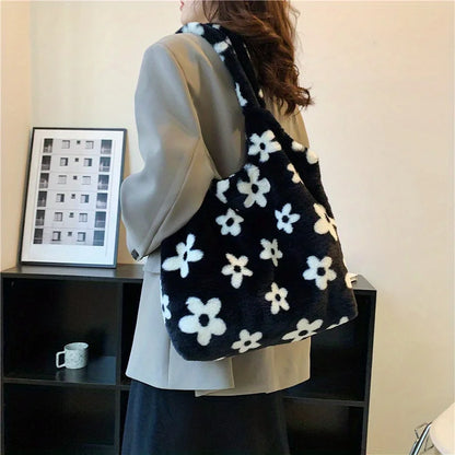 Chic Floral Faux Fur Tote Bag - Soft Plush Shoulder Handbag Women - Soft