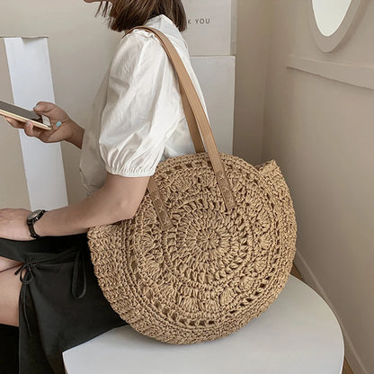 Round Straw Bag Women Handmade Crochet Beach Shoulder Tote
